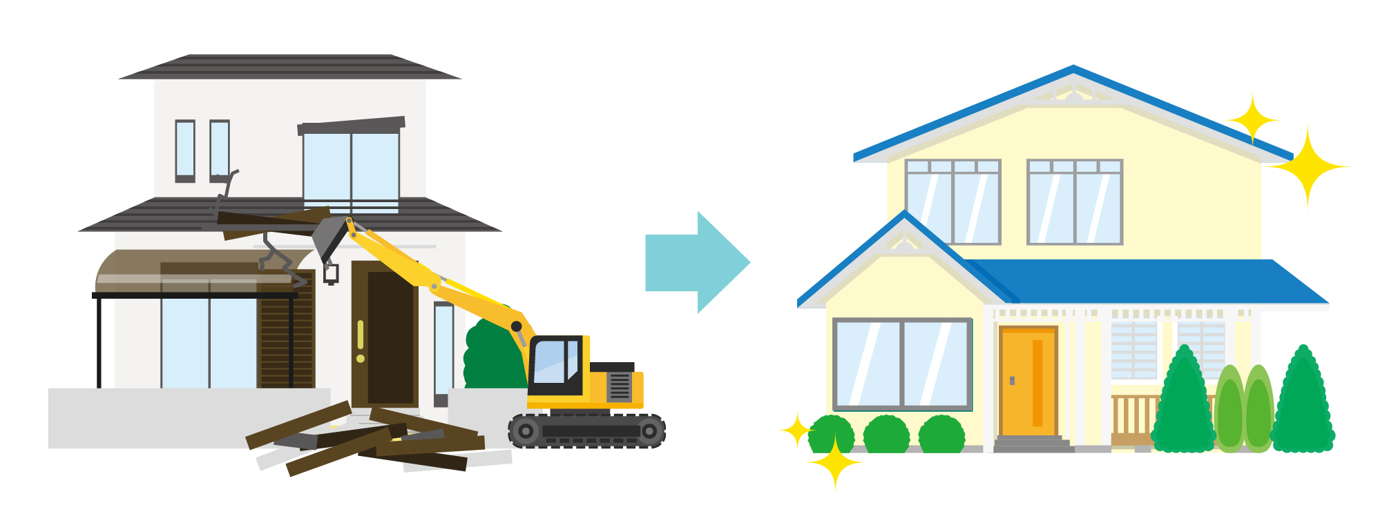古屋を解体し新築へ建て替えるイラスト